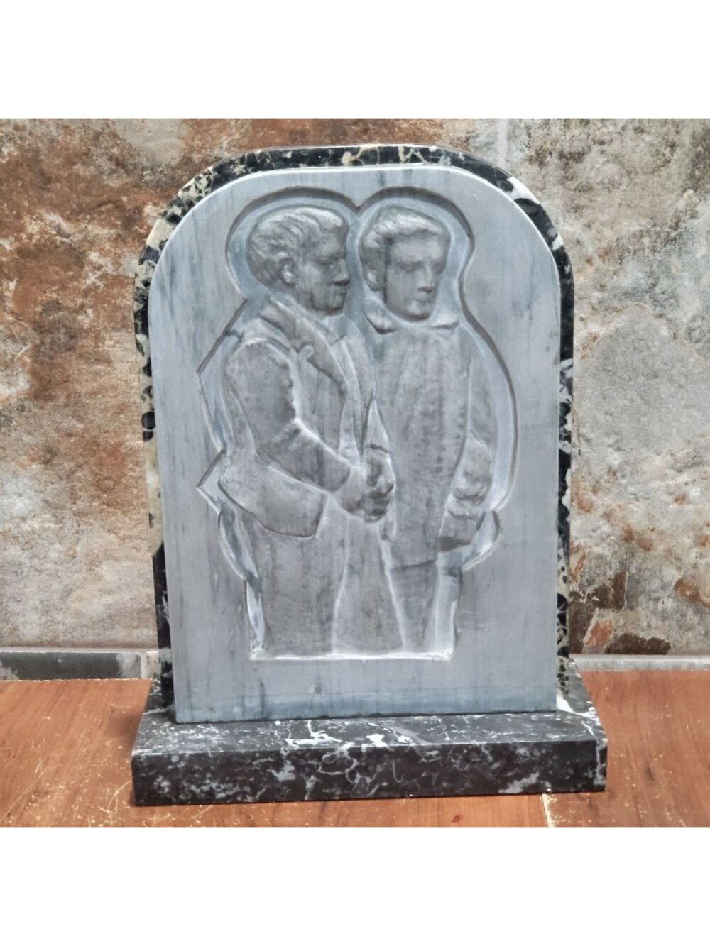 Handcrafted Stone Monument Bas Relief Carving Two Figures Side by Side Carved Ma